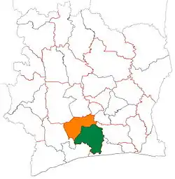 Location of Lôh-Djiboua Region (green) in Ivory Coast and in Gôh-Djiboua District