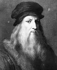 19th century engraving by Raffaello Sanzio Morghen of a late posthumous portrait of Leonardo in the Uffizi previously regarded as a portrait from life. Close similarity to the Lucan portrait suggests that one derives from the other or from a similar original.