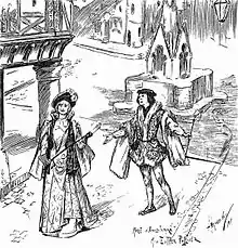 magazine sketch of an operatic production, showing a man and a woman among mediaeval scenery