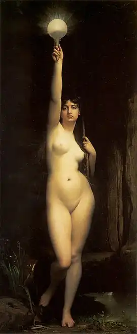 Oil painting of a naked woman standing, facing the viewers. Her right hand extends above her head, holding a golden mirror, her left hand seems to be holding a stick or staff, and her right leg is bent, shifting weight onto her left hip.