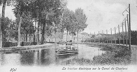 Electrical traction by a trolley boat on the Charleroi Canal, c. 1899