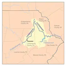 Map of northeastern Pennsylvania, with county borders indictated and the Lackawanna and Lackawaxen watersheds highlighted in yellow.