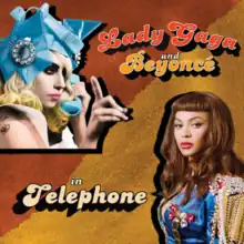 Gaga in the upper left corner, holds up her right hand with her index finger extended. She wears headdress made of several blue telephone dials. Beyoncé is in the lower right corner, wearing a blue coat with gold tassels on the shoulders.