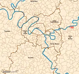 Location (in red) within Paris inner and outer suburbs