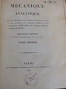 Title page of volume I of Lagrange's "Mécanique Analytique" (1811)