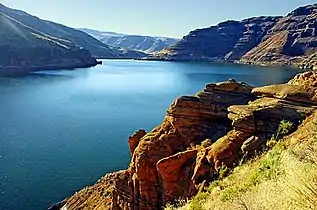 Owyhee Reservoir, a long and narrow reservoir on the Owyhee River