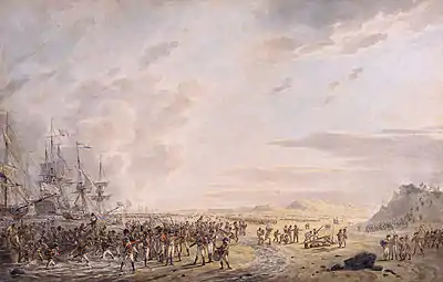 An oil painting of military troops engaging in battle on the sea shore