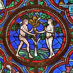 Detail of a stained glass window (12th century) in Saint-Julien cathedral - Le Mans, France