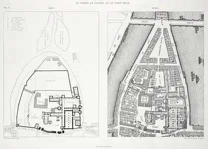 Plan of the Palace and Conciergerie in 1380 and 1754 (double-click for full size)