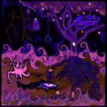 A cartoonish drawing of a dark purple forest with one tall tree in the middle of a small clearing.