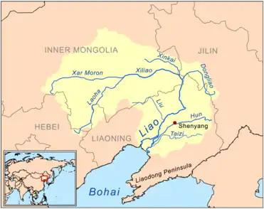 The Liao River is a much simpler example of a river basin with tributaries. The main tributaries noted on this map are the Hun River, Taizi River, Dongliao River, Xinkai River, Xiliao River, Xar Moron River and the Laoha River. The Xiliao River's tributaries are the Xar Moron and Laoha rivers.