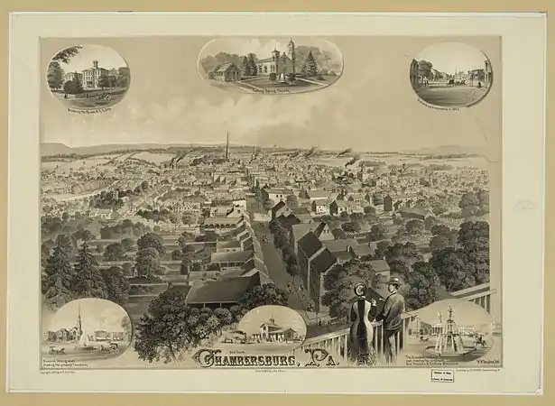 1877 view from Zion's steeple looking north toward Chambersburg's Diamond or central square, marked by the tall steeple in the distance.