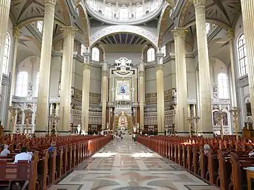 The interior of the Basilica of Our Lady of Licheń clearly draws from classical forms of Western European church architecture.