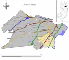 Location of Linden in Union County highlighted in yellow (left). Inset map: Location of Union County in New Jersey highlighted in black (right).