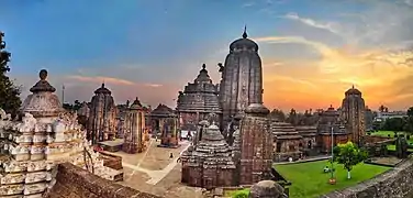 Lingaraj Temple complex at dusk during Shivratri 2020.