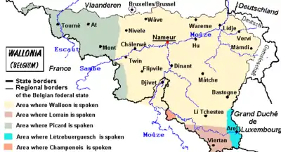 Regional languages of Wallonia: Walloon language (yellow),  Picard language (green) and Lorrain language (brown), with a small area of Champenois (and smaller Germanic areas (blue or white))