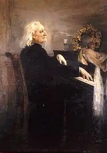 An old man with long hair, wearing a cassock, playing the piano