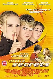 The poster shows the three lead actors, Evan Rachel Wood, David Gallagher and Michael Angarano, against an orange backdrop. Wood is holding her index finger to her mouth.