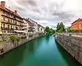 The Ljubljanica from the Cobbler Bridge in Ljubljana