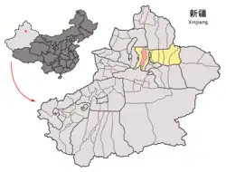 Location of Hutubi County (pink) in Changji Prefecture (yellow) and Xinjiang (light grey)