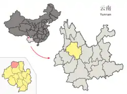 Location of Jianchuan County (pink) and Dali City (yellow) within Yunnan province