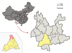 Location of Jingdong County (pink) and Pu'er City (yellow) within Yunnan province