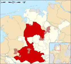 Map of part of the Lower Rhenish–Westphalian Circle in 1560, Prince-Bishopric of Münster highlighted in red