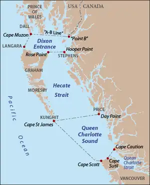 Map showing Dixon Entrance, Hecate Strait, Queen Charlotte Strait and Queen Charlotte Sound - the central portion of the Coastal Waters.