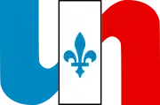 A logo of a political party, consisting of blue letter "u" and red letter "n", glued together by a white stripe with a blue fleur-de-lis in its middle