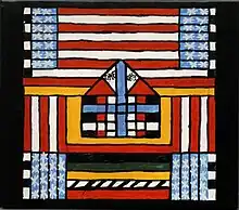 A colorful painting of a house, surrounded by elements of the American flag