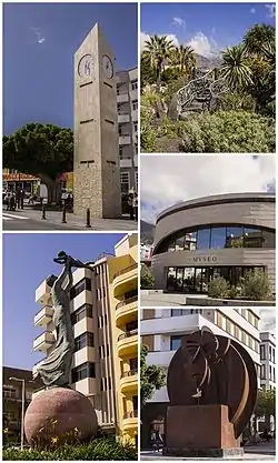 Top left:Los Llanos de Aridane Clock Tower, Top right:Antonio Gomez Felipe Park, Middle right:Benahorita Archaeological Museum, Bottom left:La Madre Monument in Carlos Francisco Lorenzo Navarro Square, Bottom right:El Guanche Monument in Dr. Fleming Street