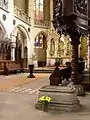 Luther's tombstone beneath the pulpit in the Castle Church in Wittenberg