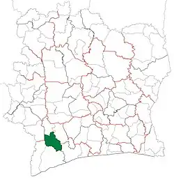 Location in Ivory Coast. Méagui Department has retained the same boundaries since its creation in 2012.