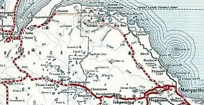 A map of northern Marquette and Baraga counties in Michigan's Upper Peninsula showing US 41/M-28 running through the central part of the counties. M-35 extends north into the Huron Mountains region with the central segment marked as "Impassable".