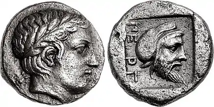 Possible coinage of the Greek ruler Gongylos, wearing the Persian cap on the reverse, as ruler of Pergamon for the Achaemenid Empire. Pergamon, Mysia, circa 450 BC. The name of the city ΠΕΡΓ ("PERG"), appears for the first on this coinage, and is the first evidence for the name of the city.