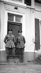 Two officers stand on the steps of a French Chateau.