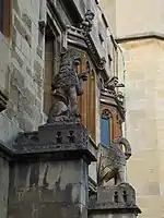 Two of the Cloister's hieroglyphics, the lion and the pelican, in front of the Senior Common Room.