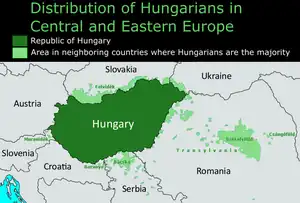 Ethnic map depicting the contemporary ethnic distribution of Hungarians across the Pannonian Basin (also known and referred to as the Carpathian Basin). Legend:   Hungary proper where Hungarians are the ethnic majority people  Regions outside Hungary where there are notable ethnic Hungarian minorities