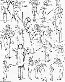  A series of line drawings of a man in exaggerated poses, holding a conductor's baton