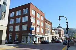 A view of buildings along a street in Pikeville, Kentucky.