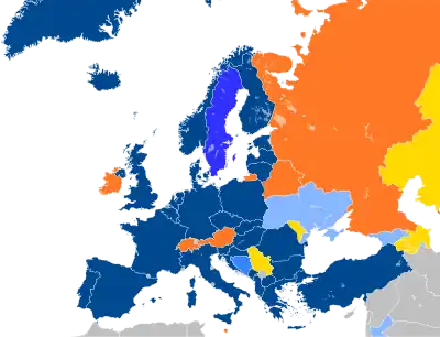 Map of Europe with countries in six different colors based on their affiliation with NATO