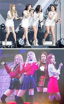 Mamamoo (top) and Blackpink (bottom) performing in 2016