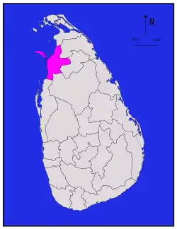 Area map of Mannar District, along the north western coast with eastern border extending towards the interior, also including a large island roughly oval in shape, in the Northern Province of Sri Lanka