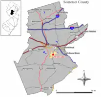 Location of Manville in Somerset County highlighted in yellow (right). Inset map: Location of Somerset County in New Jersey highlighted in black (left).