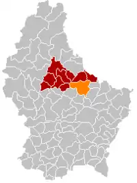 Map of Luxembourg with Vallée de l'Ernz highlighted in orange, and the canton in dark red