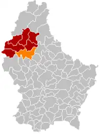 Map of Luxembourg with Esch-sur-Sûre highlighted in orange, and the canton in dark red