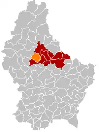 Map of Luxembourg with Feulen highlighted in orange, and the canton in dark red