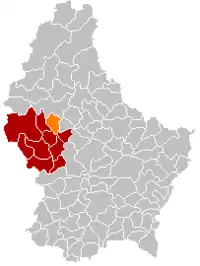 Map of Luxembourg with Grosbous highlighted in orange, and the canton in dark red