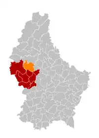 Map of Luxembourg with Grosbous-Whal highlighted in orange, and the canton in dark red