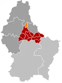 Map of Luxembourg with Hoscheid highlighted in orange, and the canton in dark red